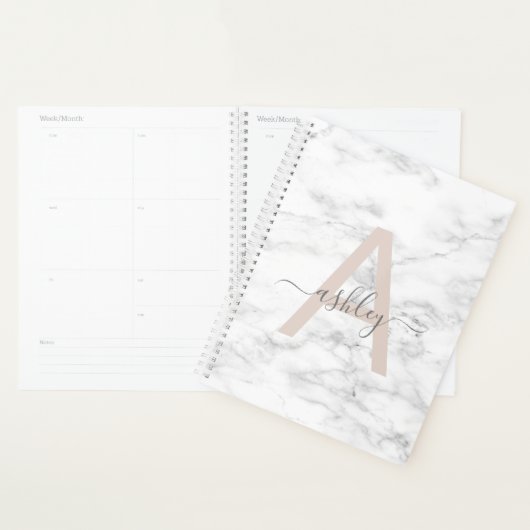 Chic Blush Pink White Marble Script Name Monogram Planer (Anzeige)