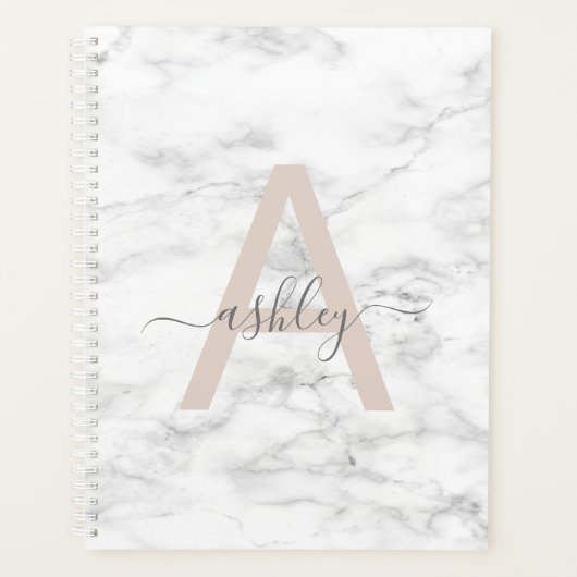 Chic Blush Pink White Marble Script Name Monogram Planer (Vorderseite)