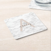 Chic Blush Pink White Marble Script Name Monogram Rechteckiger Pappuntersetzer (angewinkelt)