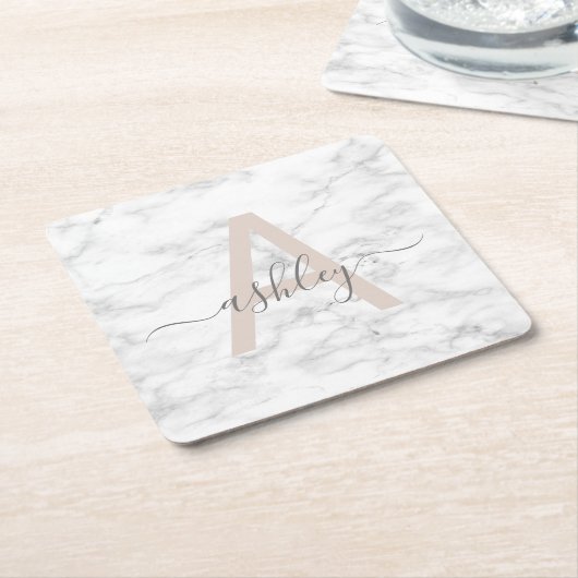 Chic Blush Pink White Marble Script Name Monogram Rechteckiger Pappuntersetzer (angewinkelt)