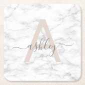 Chic Blush Pink White Marble Script Name Monogram Rechteckiger Pappuntersetzer (Vorderseite)