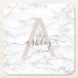 Chic Blush Pink White Marble Script Name Monogram Rechteckiger Pappuntersetzer