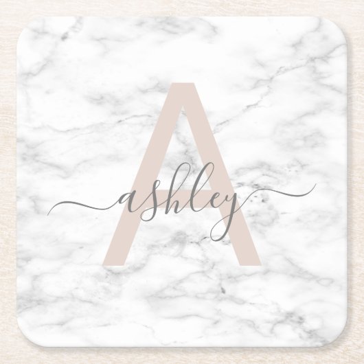 Chic Blush Pink White Marble Script Name Monogram Rechteckiger Pappuntersetzer (Vorderseite)