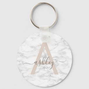 Chic Blush Pink White Marble Script Name Monogram Schlüsselanhänger