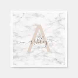 Chic Blush Pink White Marble Script Name Monogram Serviette