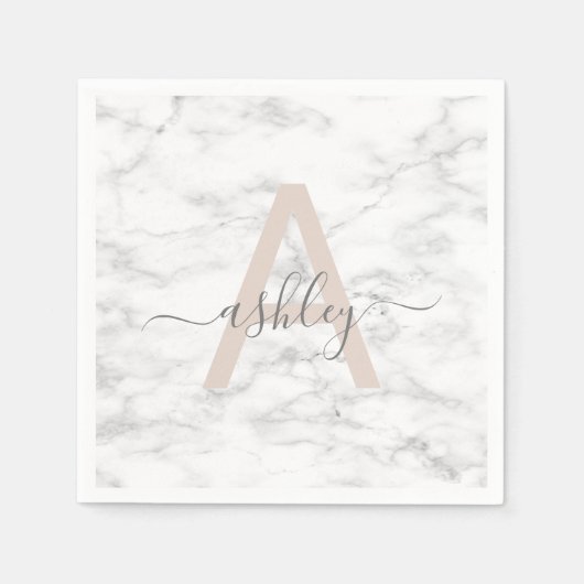 Chic Blush Pink White Marble Script Name Monogram Serviette (Vorderseite)