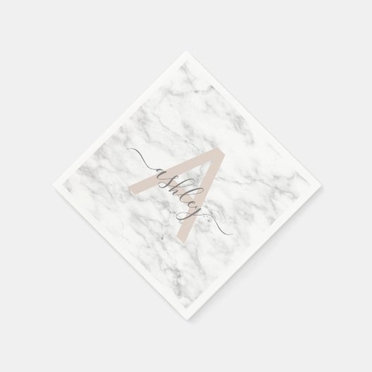 Chic Blush Pink White Marble Script Name Monogram Serviette (Ecke)