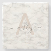 Chic Blush Pink White Marble Script Name Monogram Steinuntersetzer (Vorderseite)