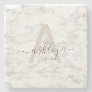 Chic Blush Pink White Marble Script Name Monogram Steinuntersetzer