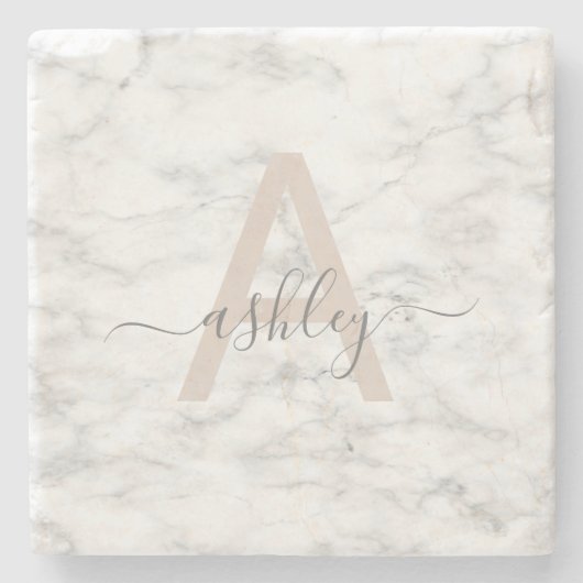 Chic Blush Pink White Marble Script Name Monogram Steinuntersetzer (Vorderseite)