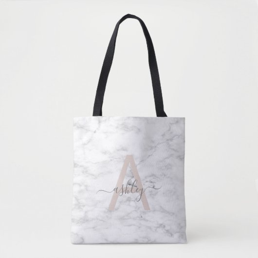 Chic Blush Pink White Marble Script Name Monogram Tasche (Vorderseite)