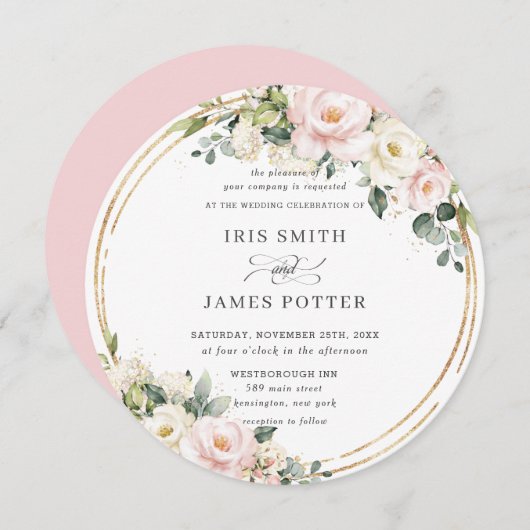 Chic Blush Rosa Elfenbeinblume Goldgrün Hochzeit Einladung (Vorne/Hinten)