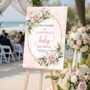 Chic Blush Rosa Florales Grün Baby Shower Willkomm Poster