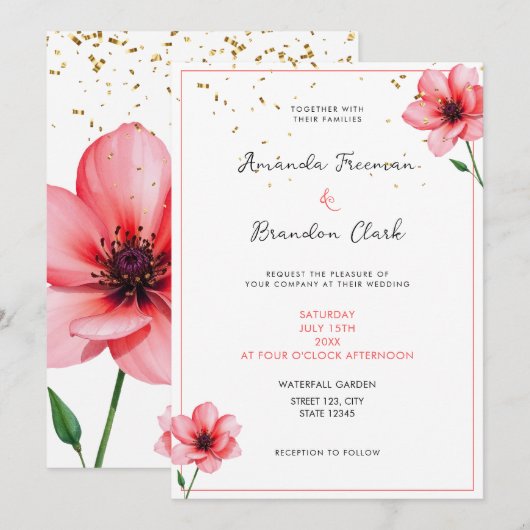 Chic Blush Rosa Florales Konfetti Rahmen Hochzeit Einladung (Vorne/Hinten)
