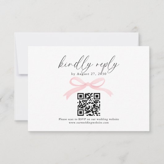 Chic Blush Rosa Schleifenband QR Code Hochzeit RSV RSVP Karte (Vorderseite)
