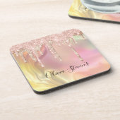 Chic Blush Rose Einhorn Tropf Glitzer Monogramm Getränkeuntersetzer (Linke Seite)