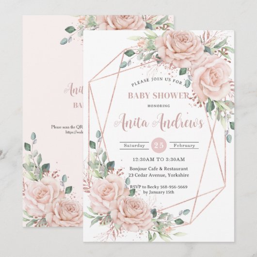 Chic Blush Rose Gold Baby Dusche QR Code Einladung (Vorne/Hinten)