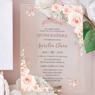 Chic Blush Rose Gold Butterfly Quinceñera Acryleinladungen