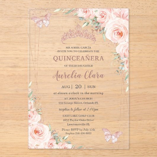 Chic Blush Rose Gold Butterfly Quinceñera Acryleinladungen (Vorderseite)