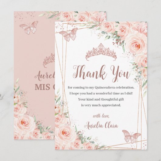 Chic Blush Rose Gold Butterfly Quinceñera Dankeskarte (Vorne/Hinten)