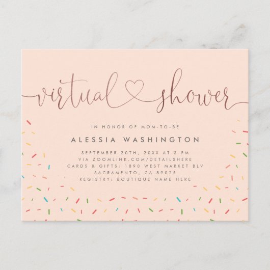 Chic Blush & Rose Gold Calligraphy Virtual Shower Einladungspostkarte (Vorderseite)