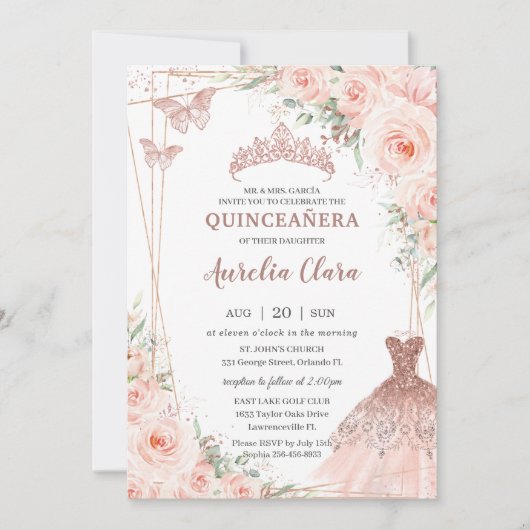 Chic Blush Rose Gold Dress Gown Quinceañera Einladung (Vorderseite)
