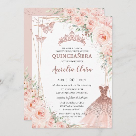 Chic Blush Rose Gold Dress Gown Quinceañera Einladung (Vorne/Hinten)
