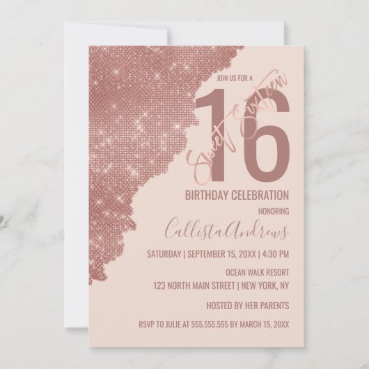 Chic Blush Rose Gold Glitzer Farbblock Sweet 16 Einladung (Vorderseite)