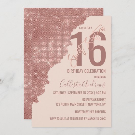 Chic Blush Rose Gold Glitzer Farbblock Sweet 16 Einladung (Vorne/Hinten)