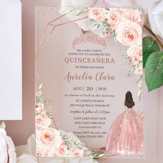 Chic Blush Rose Gold Quinceñera Princess Acryleinladungen