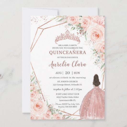 Chic Blush Rose Gold Quinceñera Princess Einladung (Vorderseite)
