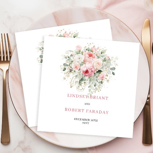 Chic Blush Rose Greenery Wedding Cocktail Napkins Serviette