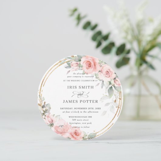 Chic Blush Soft Pink Blumengrün Hochzeit Einladung (Stehend Vorderseite)