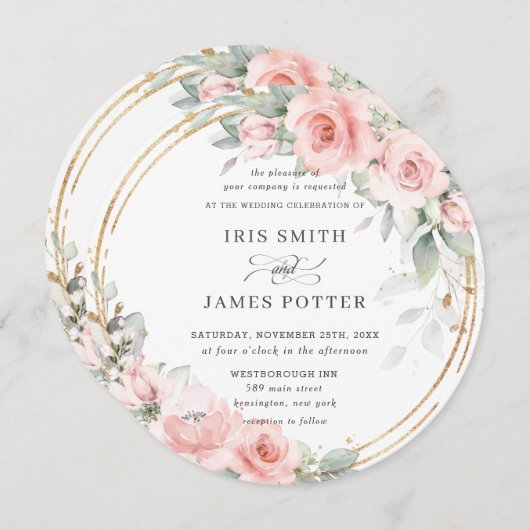 Chic Blush Soft Pink Blumengrün Hochzeit Einladung (Vorne/Hinten)