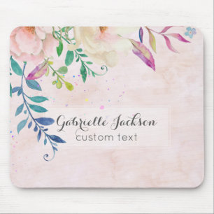 Chic Blush Wasserfarben Floral Monogram Custom Tex Mousepad