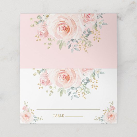 Chic Blush Watercolor Blume Brautparty Hochzeit Platzkarte (Außenseite Aufgefaltet)