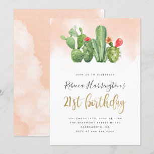 Chic Blush Watercolor & Cactus 21. Geburtstag Einladung