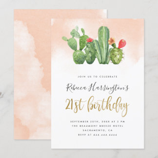 Chic Blush Watercolor & Cactus 21. Geburtstag Einladung