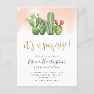 Chic Blush Watercolor & Cactus Surprise Party Einladungspostkarte