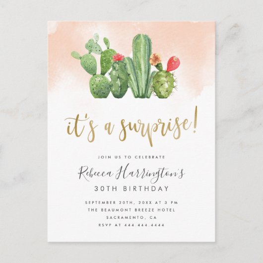 Chic Blush Watercolor & Cactus Surprise Party Einladungspostkarte (Vorderseite)