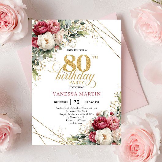 Chic Blush White Greenery 80th Birthday Invite Einladung