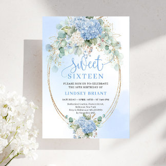 Chic Bohemian Blue Floral Gold Sweet 16 Invite Einladung