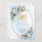 Chic Bohemian Blue Floral Greenery 90th Birthday Einladung (Vorderseite)