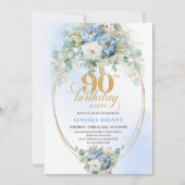 Chic Bohemian Blue Flowers 90th Birthday Invite Einladung (Vorderseite)