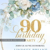 Chic Bohemian Blue Flowers 90th Birthday Invite Einladung