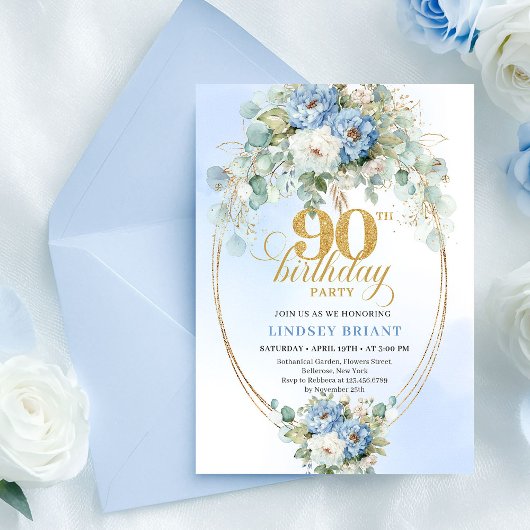 Chic Bohemian Blue Flowers 90th Birthday Invite Einladung
