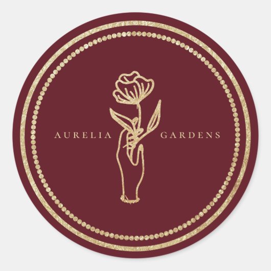 Chic Bohemisch Golden Floral Logo Runder Aufkleber (Vorderseite)