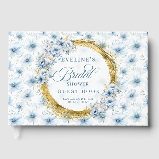 Chic Bohemisch Pastel Blue Sage Gold Glitzer Blume Gästebuch (Vorderseite)