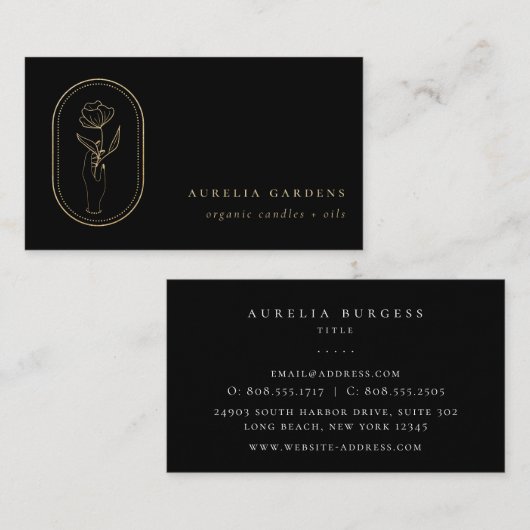 Chic Bohemische Golden Floral Logo Business Card Visitenkarte (Vorne/Hinten)