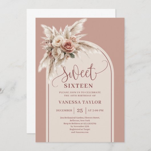 Chic Boho Arch Dusty Rose Pampas Floral Sweet 16 Einladung (Vorne/Hinten)